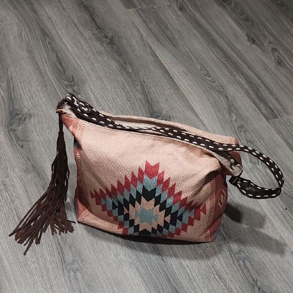 Southwestern Soft Burlap Fringe Stylish Tan & Brown Hobo Bag - Picture 2 of 11